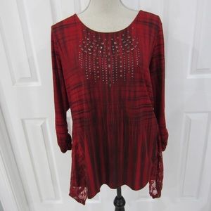 One World Black/Red Plaid w Lace Overlay Back Sz L